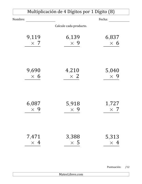 La hoja de ejercicios de Multiplicar Números de 4 Dígitos por 1 Dígito (Formato Grande) Usando Comas como Separadores de Millares (B)
