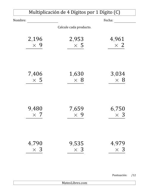 La hoja de ejercicios de Multiplicar Números de 4 Dígitos por 1 Dígito (Formato Grande) Usando Comas como Separadores de Millares (C)