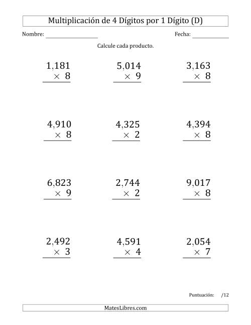 La hoja de ejercicios de Multiplicar Números de 4 Dígitos por 1 Dígito (Formato Grande) Usando Comas como Separadores de Millares (D)