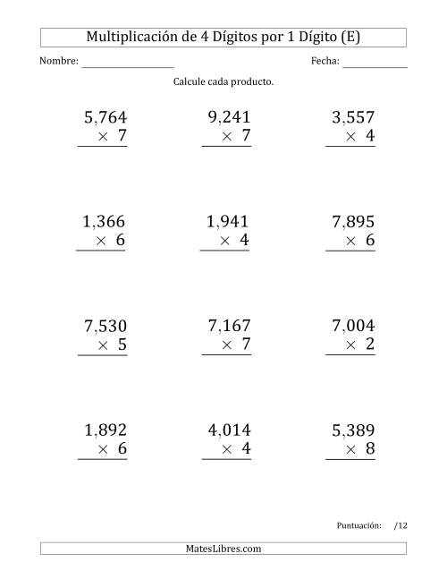 La hoja de ejercicios de Multiplicar Números de 4 Dígitos por 1 Dígito (Formato Grande) Usando Comas como Separadores de Millares (E)