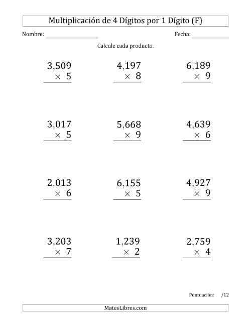 La hoja de ejercicios de Multiplicar Números de 4 Dígitos por 1 Dígito (Formato Grande) Usando Comas como Separadores de Millares (F)