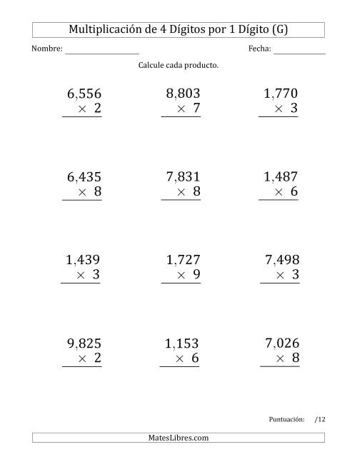La hoja de ejercicios de Multiplicar Números de 4 Dígitos por 1 Dígito (Formato Grande) Usando Comas como Separadores de Millares (G)