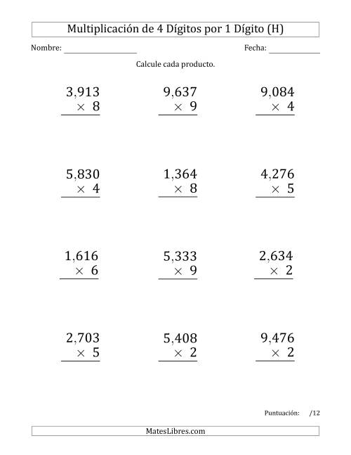 La hoja de ejercicios de Multiplicar Números de 4 Dígitos por 1 Dígito (Formato Grande) Usando Comas como Separadores de Millares (H)