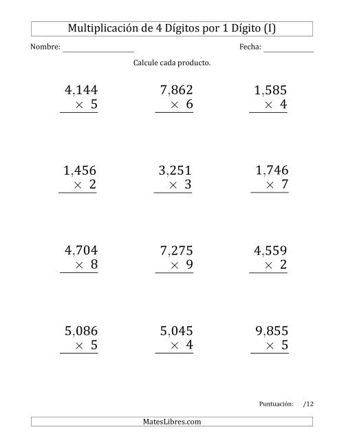 La hoja de ejercicios de Multiplicar Números de 4 Dígitos por 1 Dígito (Formato Grande) Usando Comas como Separadores de Millares (I)