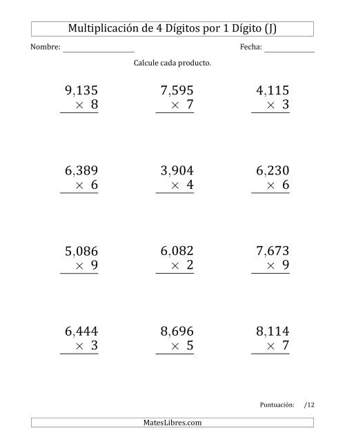 La hoja de ejercicios de Multiplicar Números de 4 Dígitos por 1 Dígito (Formato Grande) Usando Comas como Separadores de Millares (J)