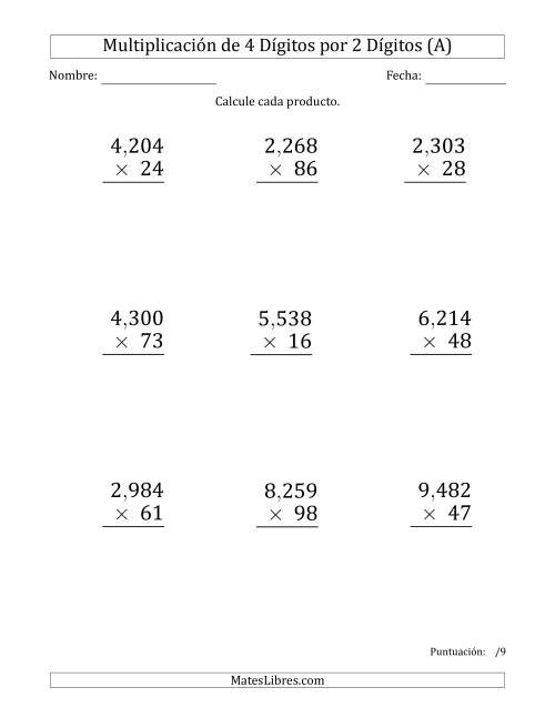 La hoja de ejercicios de Multiplicar Números de 4 Dígitos por 2 Dígitos (Formato Grande) Usando Comas como Separadores de Millares (A)