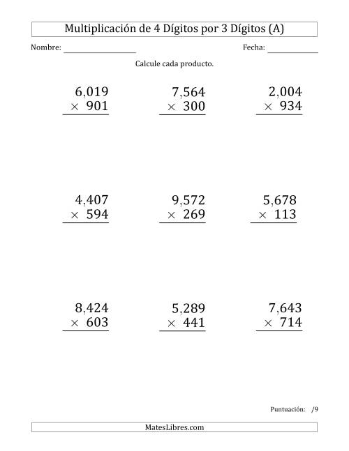 La hoja de ejercicios de Multiplicar Números de 4 Dígitos por 3 Dígitos (Formato Grande) Usando Comas como Separadores de Millares (A)