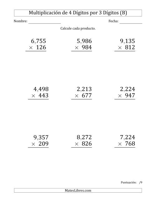 La hoja de ejercicios de Multiplicar Números de 4 Dígitos por 3 Dígitos (Formato Grande) Usando Comas como Separadores de Millares (B)