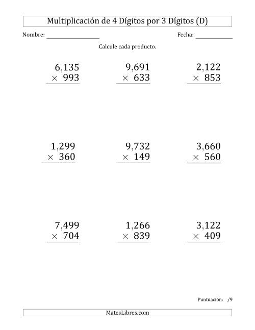 La hoja de ejercicios de Multiplicar Números de 4 Dígitos por 3 Dígitos (Formato Grande) Usando Comas como Separadores de Millares (D)