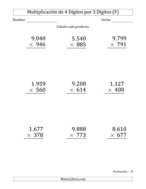 La hoja de ejercicios de Multiplicar Números de 4 Dígitos por 3 Dígitos (Formato Grande) Usando Comas como Separadores de Millares (F)