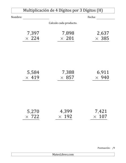 La hoja de ejercicios de Multiplicar Números de 4 Dígitos por 3 Dígitos (Formato Grande) Usando Comas como Separadores de Millares (H)