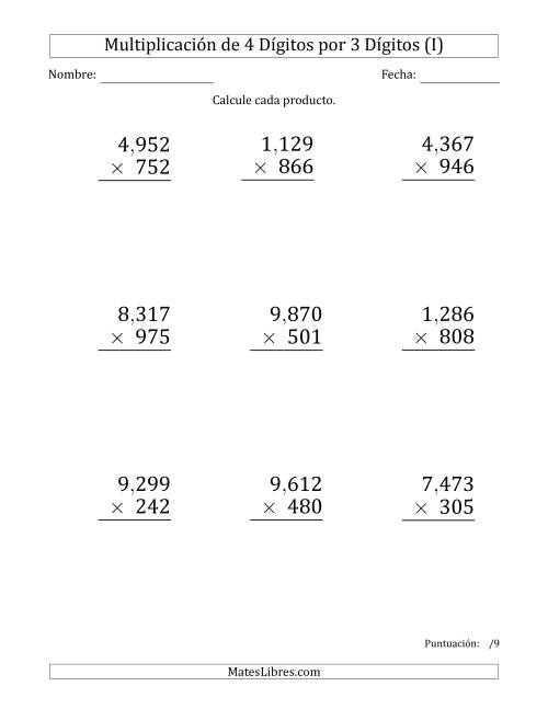 La hoja de ejercicios de Multiplicar Números de 4 Dígitos por 3 Dígitos (Formato Grande) Usando Comas como Separadores de Millares (I)