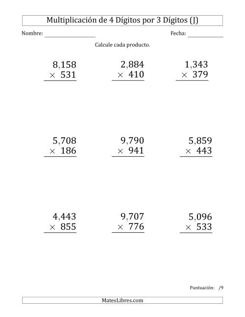 La hoja de ejercicios de Multiplicar Números de 4 Dígitos por 3 Dígitos (Formato Grande) Usando Comas como Separadores de Millares (J)