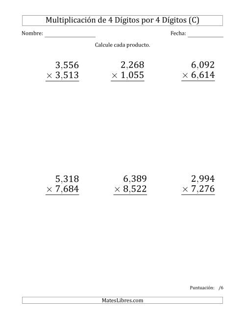 La hoja de ejercicios de Multiplicar Números de 4 Dígitos por 4 Dígitos (Formato Grande) Usando Comas como Separadores de Millares (C)