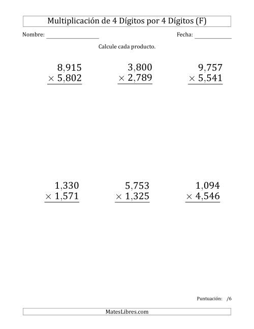 La hoja de ejercicios de Multiplicar Números de 4 Dígitos por 4 Dígitos (Formato Grande) Usando Comas como Separadores de Millares (F)