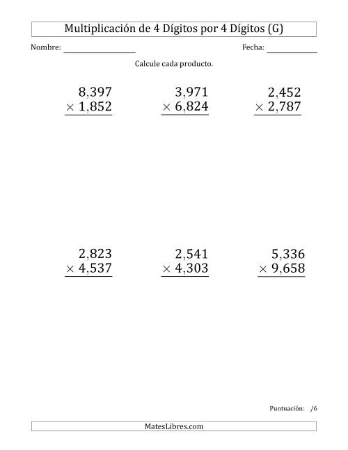 La hoja de ejercicios de Multiplicar Números de 4 Dígitos por 4 Dígitos (Formato Grande) Usando Comas como Separadores de Millares (G)