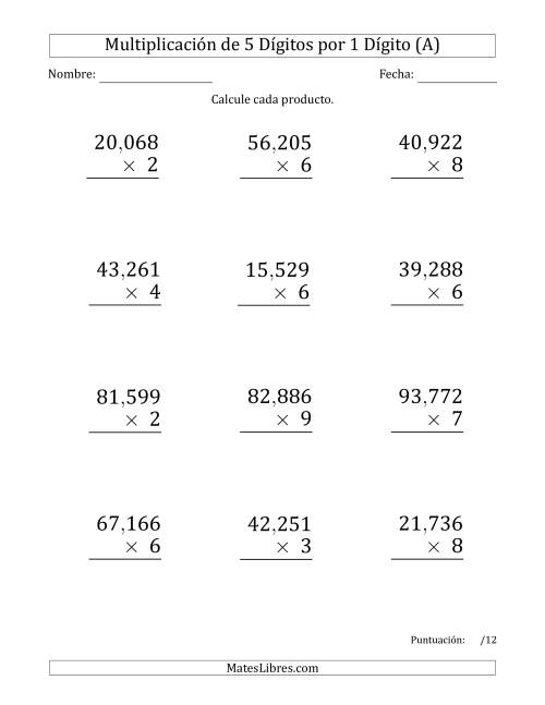 La hoja de ejercicios de Multiplicar Números de 5 Dígitos por 1 Dígito (Formato Grande) Usando Comas como Separadores de Millares (A)