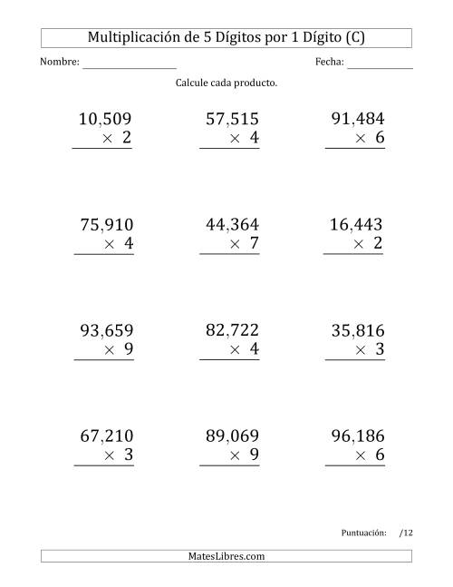 La hoja de ejercicios de Multiplicar Números de 5 Dígitos por 1 Dígito (Formato Grande) Usando Comas como Separadores de Millares (C)