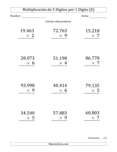 La hoja de ejercicios de Multiplicar Números de 5 Dígitos por 1 Dígito (Formato Grande) Usando Comas como Separadores de Millares (E)
