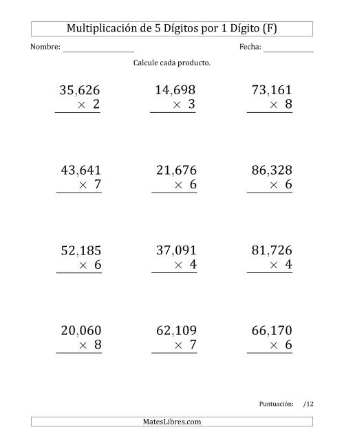 La hoja de ejercicios de Multiplicar Números de 5 Dígitos por 1 Dígito (Formato Grande) Usando Comas como Separadores de Millares (F)