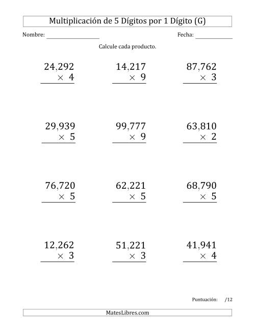 La hoja de ejercicios de Multiplicar Números de 5 Dígitos por 1 Dígito (Formato Grande) Usando Comas como Separadores de Millares (G)