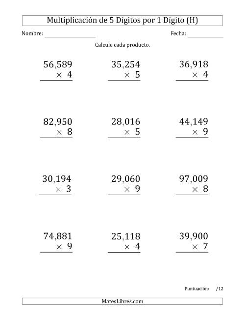 La hoja de ejercicios de Multiplicar Números de 5 Dígitos por 1 Dígito (Formato Grande) Usando Comas como Separadores de Millares (H)