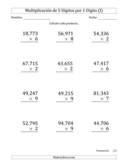 La hoja de ejercicios de Multiplicar Números de 5 Dígitos por 1 Dígito (Formato Grande) Usando Comas como Separadores de Millares (I)