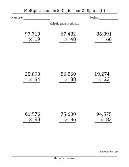La hoja de ejercicios de Multiplicar Números de 5 Dígitos por 2 Dígitos (Formato Grande) Usando Comas como Separadores de Millares (C)