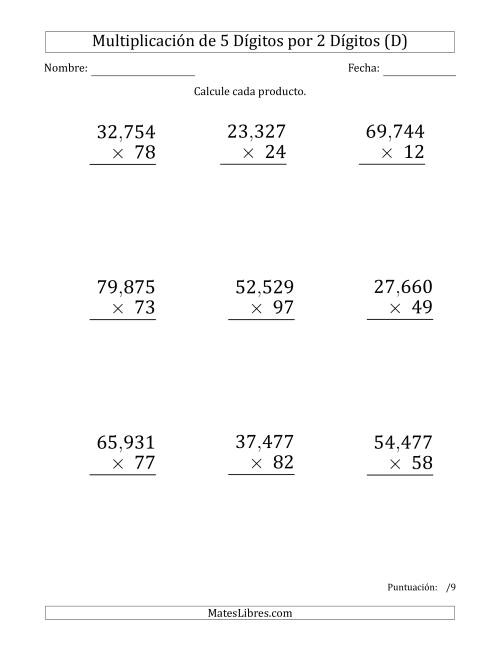 La hoja de ejercicios de Multiplicar Números de 5 Dígitos por 2 Dígitos (Formato Grande) Usando Comas como Separadores de Millares (D)