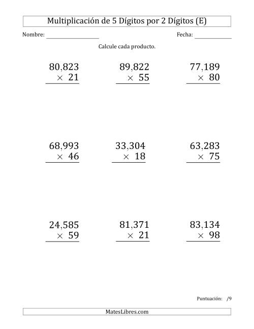 La hoja de ejercicios de Multiplicar Números de 5 Dígitos por 2 Dígitos (Formato Grande) Usando Comas como Separadores de Millares (E)