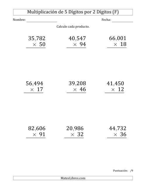 La hoja de ejercicios de Multiplicar Números de 5 Dígitos por 2 Dígitos (Formato Grande) Usando Comas como Separadores de Millares (F)