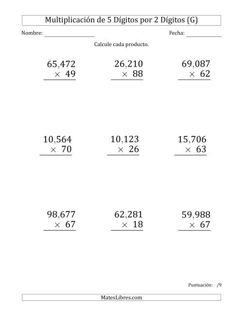 La hoja de ejercicios de Multiplicar Números de 5 Dígitos por 2 Dígitos (Formato Grande) Usando Comas como Separadores de Millares (G)