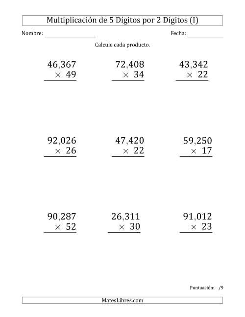 La hoja de ejercicios de Multiplicar Números de 5 Dígitos por 2 Dígitos (Formato Grande) Usando Comas como Separadores de Millares (I)