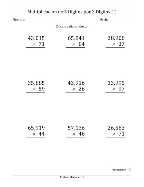 La hoja de ejercicios de Multiplicar Números de 5 Dígitos por 2 Dígitos (Formato Grande) Usando Comas como Separadores de Millares (J)