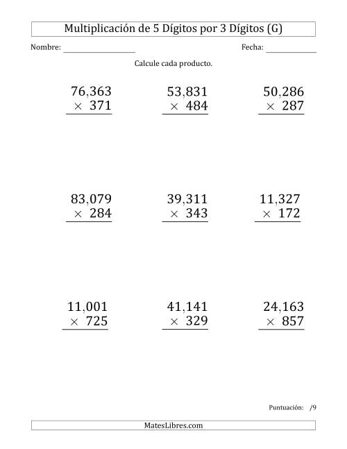 La hoja de ejercicios de Multiplicar Números de 5 Dígitos por 3 Dígitos (Formato Grande) Usando Comas como Separadores de Millares (G)