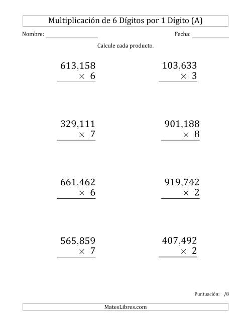 La hoja de ejercicios de Multiplicar Números de 6 Dígitos por 1 Dígito (Formato Grande) Usando Comas como Separadores de Millares (A)