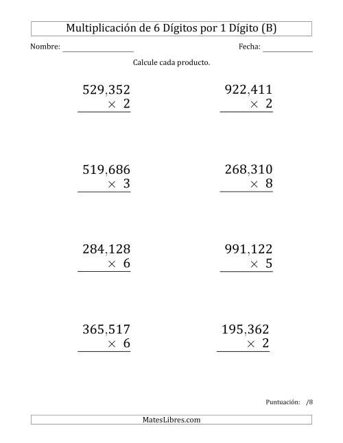 La hoja de ejercicios de Multiplicar Números de 6 Dígitos por 1 Dígito (Formato Grande) Usando Comas como Separadores de Millares (B)