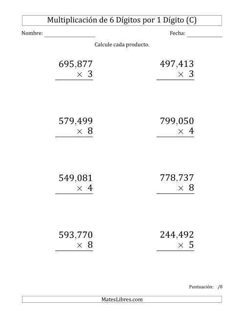 La hoja de ejercicios de Multiplicar Números de 6 Dígitos por 1 Dígito (Formato Grande) Usando Comas como Separadores de Millares (C)