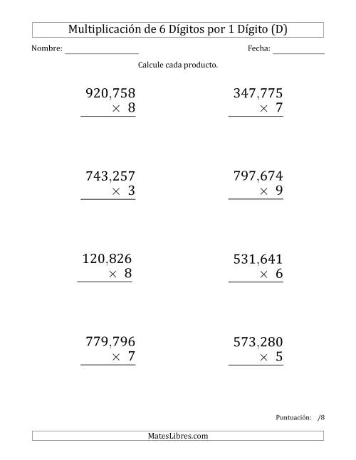 La hoja de ejercicios de Multiplicar Números de 6 Dígitos por 1 Dígito (Formato Grande) Usando Comas como Separadores de Millares (D)