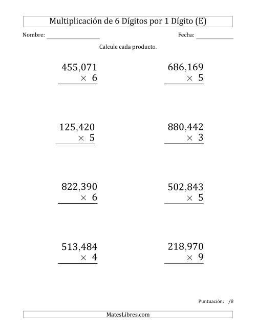 La hoja de ejercicios de Multiplicar Números de 6 Dígitos por 1 Dígito (Formato Grande) Usando Comas como Separadores de Millares (E)