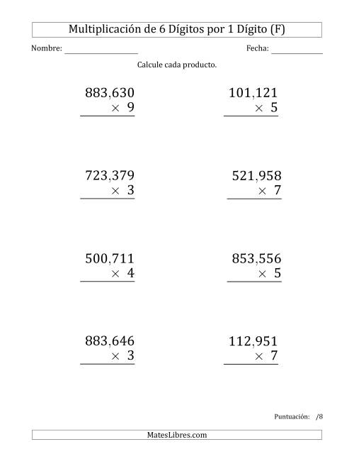 La hoja de ejercicios de Multiplicar Números de 6 Dígitos por 1 Dígito (Formato Grande) Usando Comas como Separadores de Millares (F)