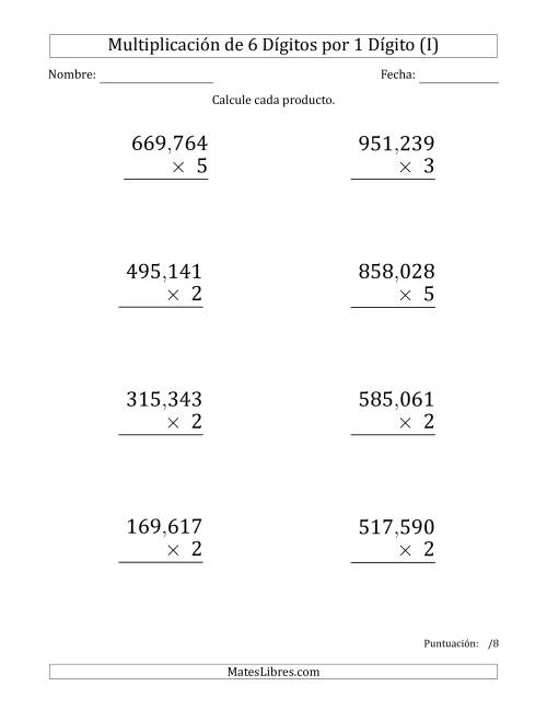 La hoja de ejercicios de Multiplicar Números de 6 Dígitos por 1 Dígito (Formato Grande) Usando Comas como Separadores de Millares (I)