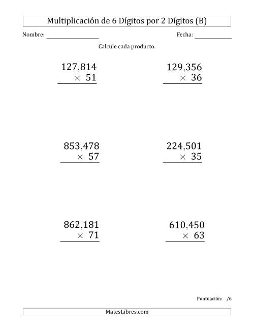 La hoja de ejercicios de Multiplicar Números de 6 Dígitos por 2 Dígitos (Formato Grande) Usando Comas como Separadores de Millares (B)