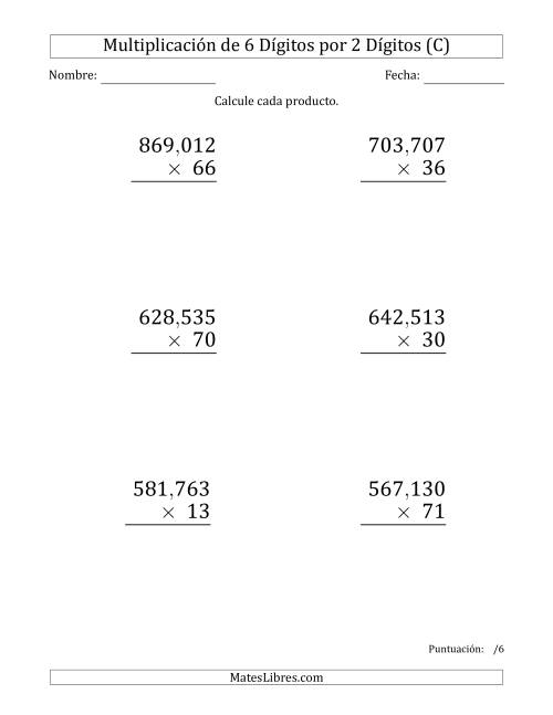 La hoja de ejercicios de Multiplicar Números de 6 Dígitos por 2 Dígitos (Formato Grande) Usando Comas como Separadores de Millares (C)