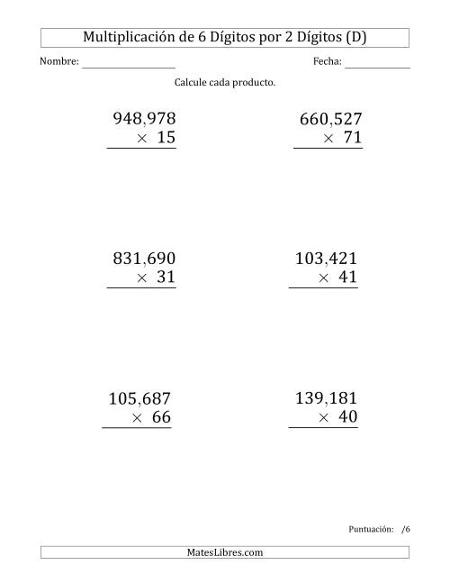 La hoja de ejercicios de Multiplicar Números de 6 Dígitos por 2 Dígitos (Formato Grande) Usando Comas como Separadores de Millares (D)