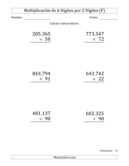 La hoja de ejercicios de Multiplicar Números de 6 Dígitos por 2 Dígitos (Formato Grande) Usando Comas como Separadores de Millares (F)
