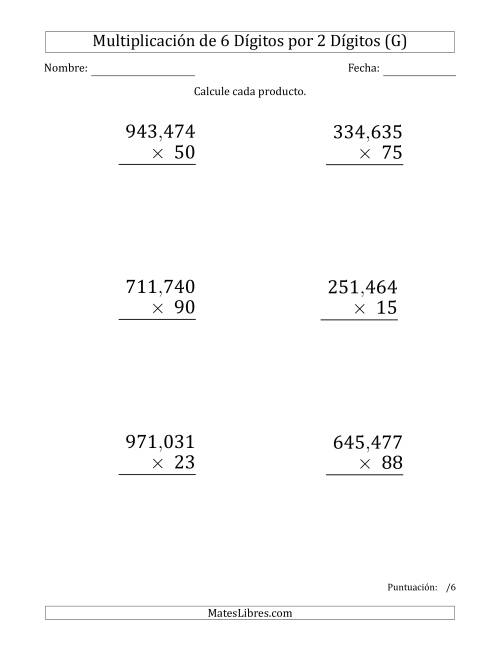 La hoja de ejercicios de Multiplicar Números de 6 Dígitos por 2 Dígitos (Formato Grande) Usando Comas como Separadores de Millares (G)