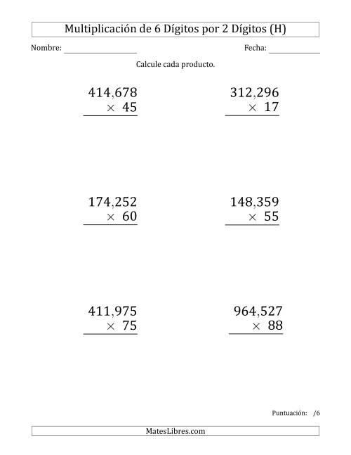 La hoja de ejercicios de Multiplicar Números de 6 Dígitos por 2 Dígitos (Formato Grande) Usando Comas como Separadores de Millares (H)