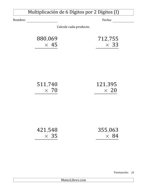La hoja de ejercicios de Multiplicar Números de 6 Dígitos por 2 Dígitos (Formato Grande) Usando Comas como Separadores de Millares (I)