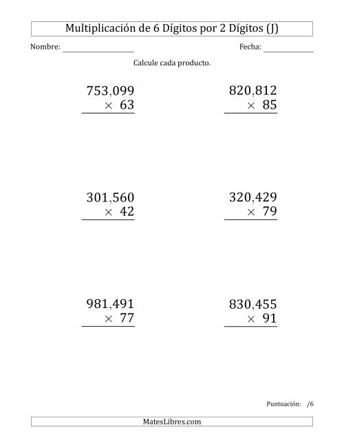La hoja de ejercicios de Multiplicar Números de 6 Dígitos por 2 Dígitos (Formato Grande) Usando Comas como Separadores de Millares (J)